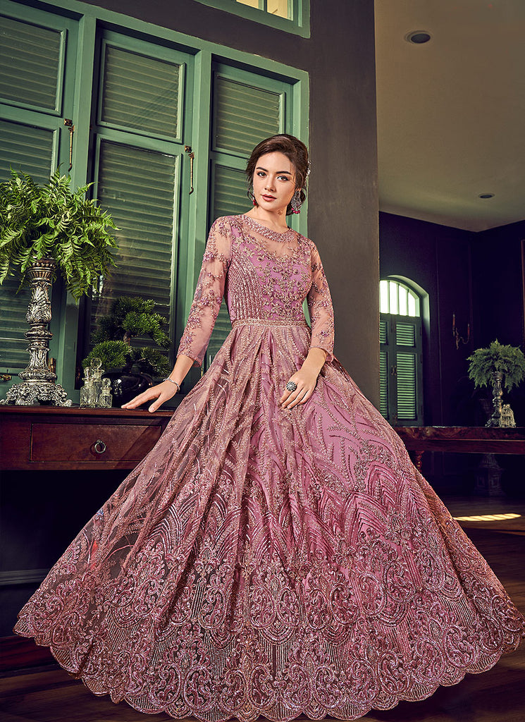 Purple Golden Embroidered Anarkali Pant Suit