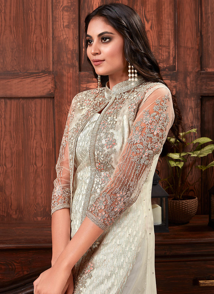 Indian Suits - Off White Embroidered Pants Suit 