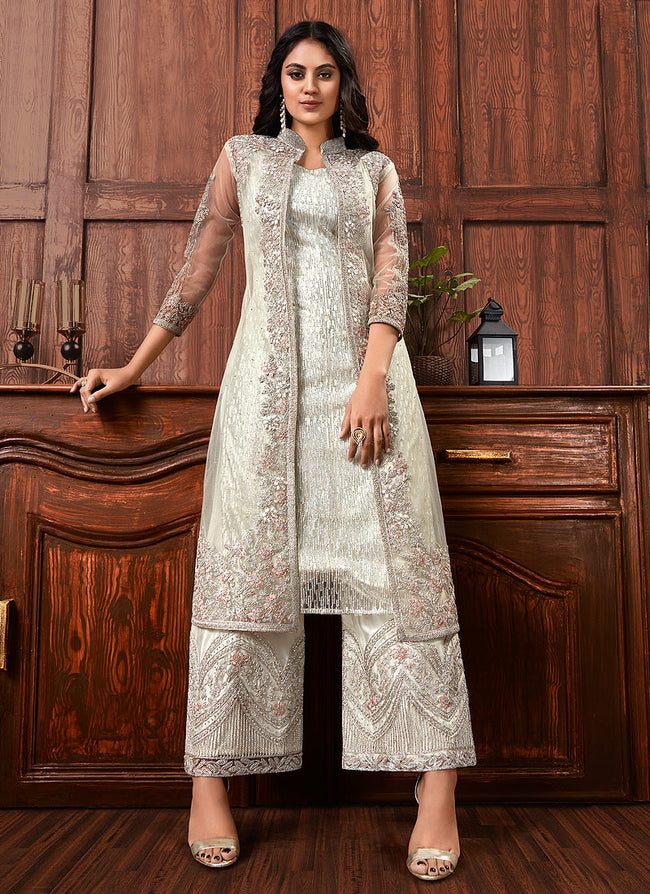 Cotton and Net Embroidered White Pakistani Suit Set