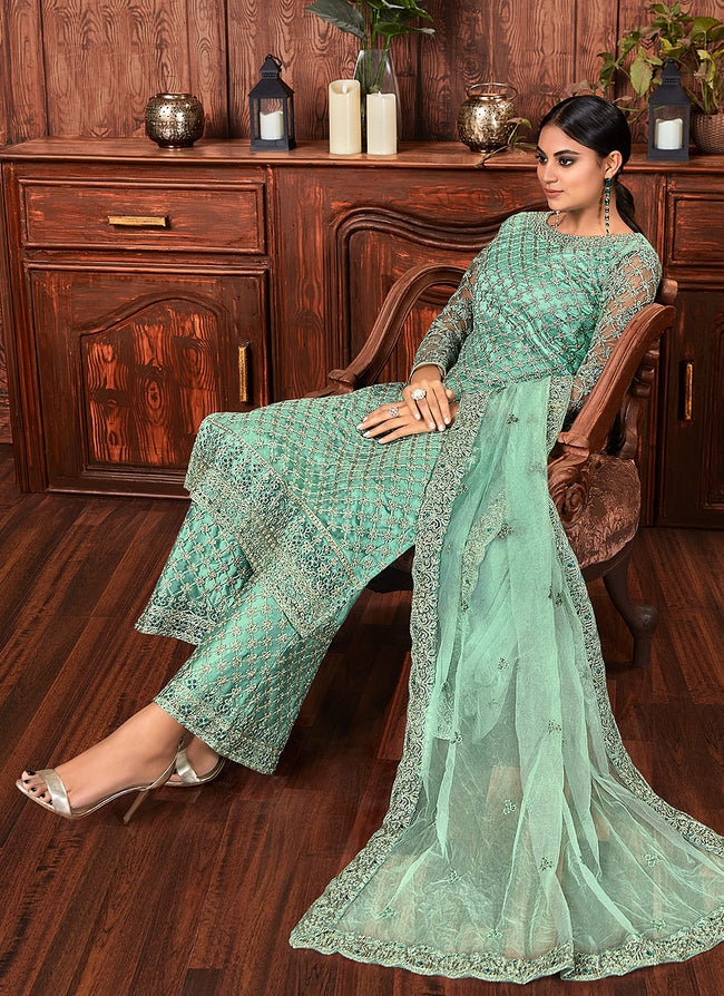 Indian Dresses - Mint Green Multi Palazzo Suit