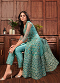 Indian Dresses - Blue Golden Embroidered Slit Style Anarkali Pants Suit