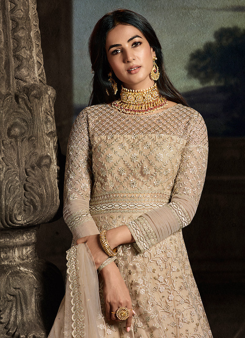 Georgette Zari Designer Beige Color Embroidered Party Wear Anarkali Suits  at Rs 602 in Surat