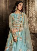 Aqua Blue Golden Anarkali Suit In usa