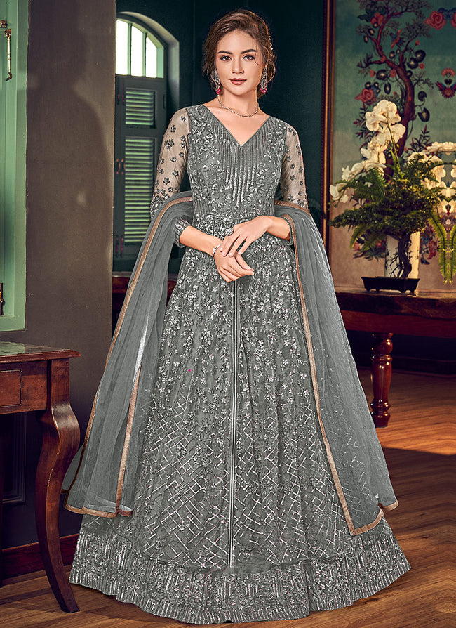 Dark Grey Anarkali Lehenga Suit