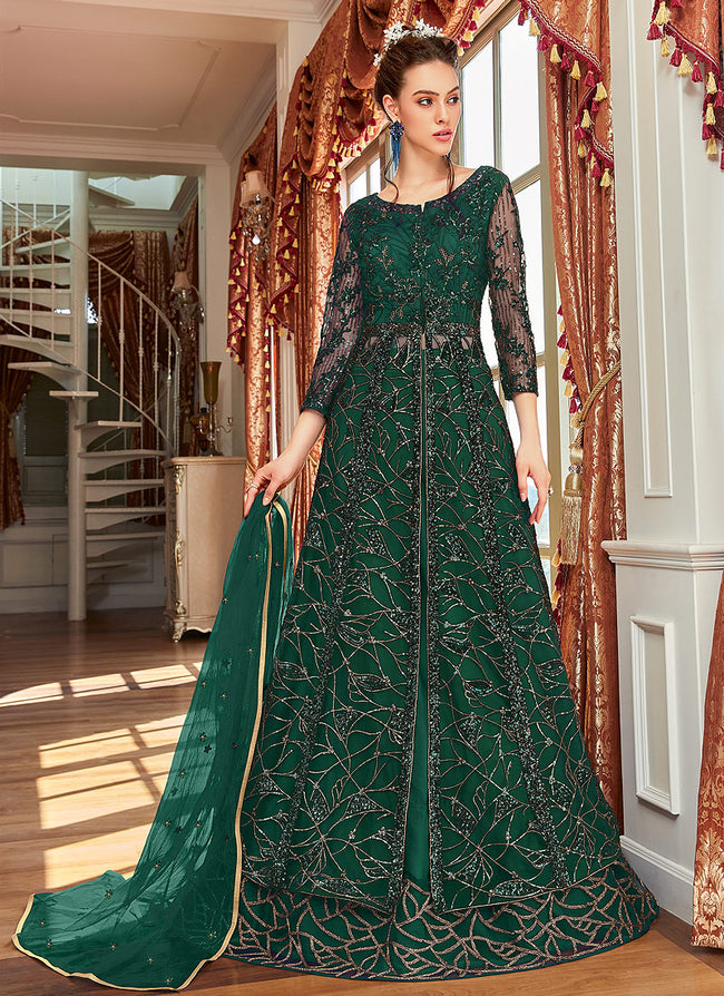 Deep Green Zari Embroidered Anarkali Lehenga Suit