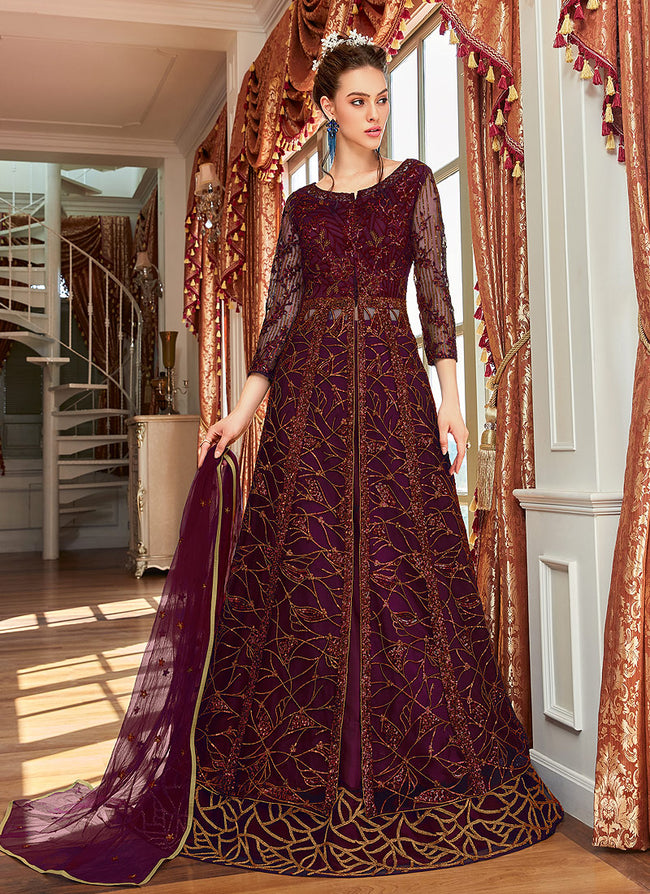 Maroon Zari Embroidered Anarkali Lehenga Suit