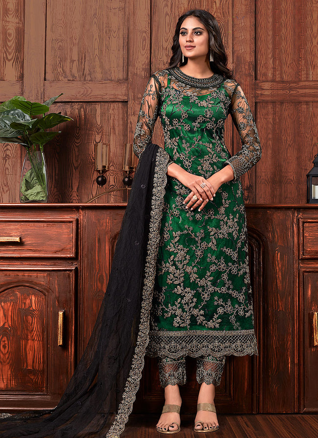 Green And Black Embroidered Designer Pants Suit