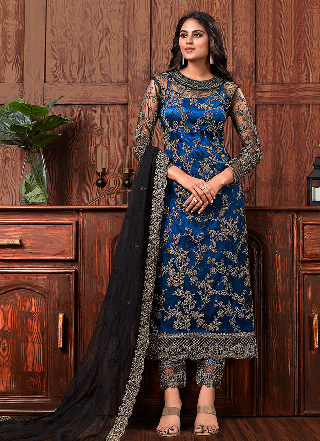 Blue And Black Embroidered Designer Pants Suit