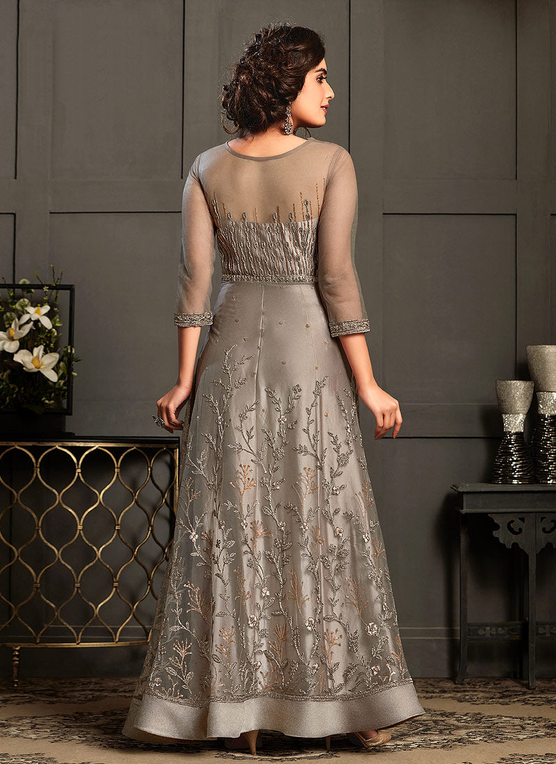 Indian Gown - Silver Grey Multi Embroidery Designer Wedding Gown In usa uk canada