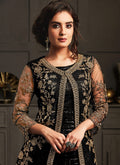 Indian Clothes - Black Multi Embroidered Jacket Style Pant Suit
