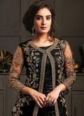 Indian Clothes - Black Multi Embroidered Jacket Style Pant Suit