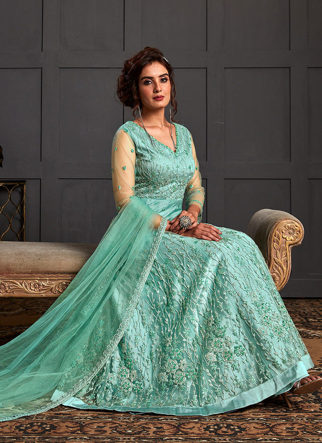 Aqua Blue Embroidery Designer Indian Wedding Gown In USA, UK, Canada