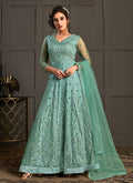 Aqua Blue Embroidery Designer Wedding Gown