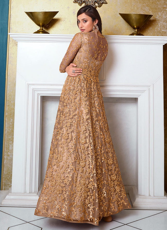 Ajrakh Kalidar Jacket teamed with hand embroidered sequin Gold Gown - Nitya  Bajaj