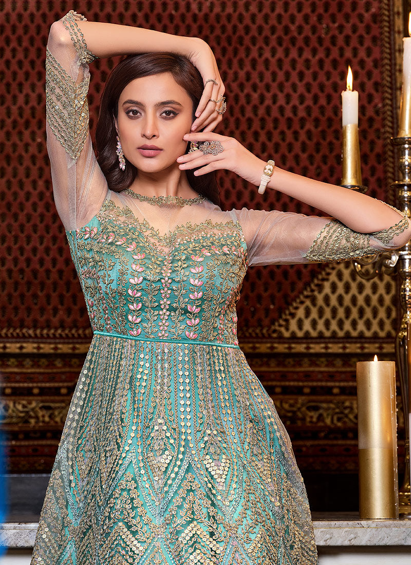 Aqua Blue Anarkali Suit In usa