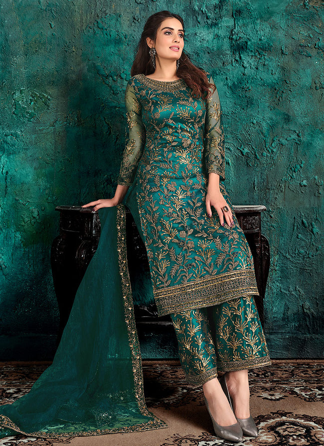 Buy Peacock Blue Embroidered Pakistani Pant Suit In USA, UK, Canada ...