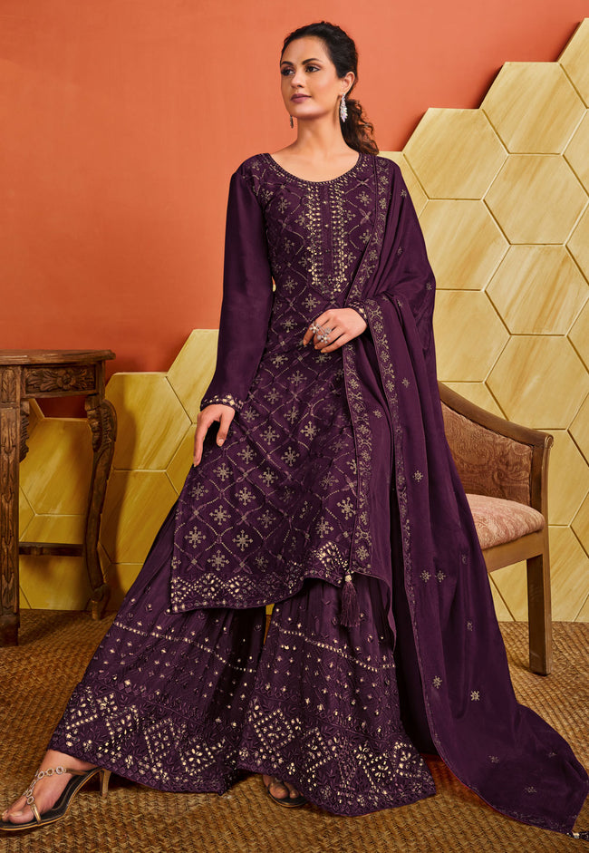 Buy Deep Purple Embroidered Pakistani Palazzo Suit In USA, UK, Canada ...