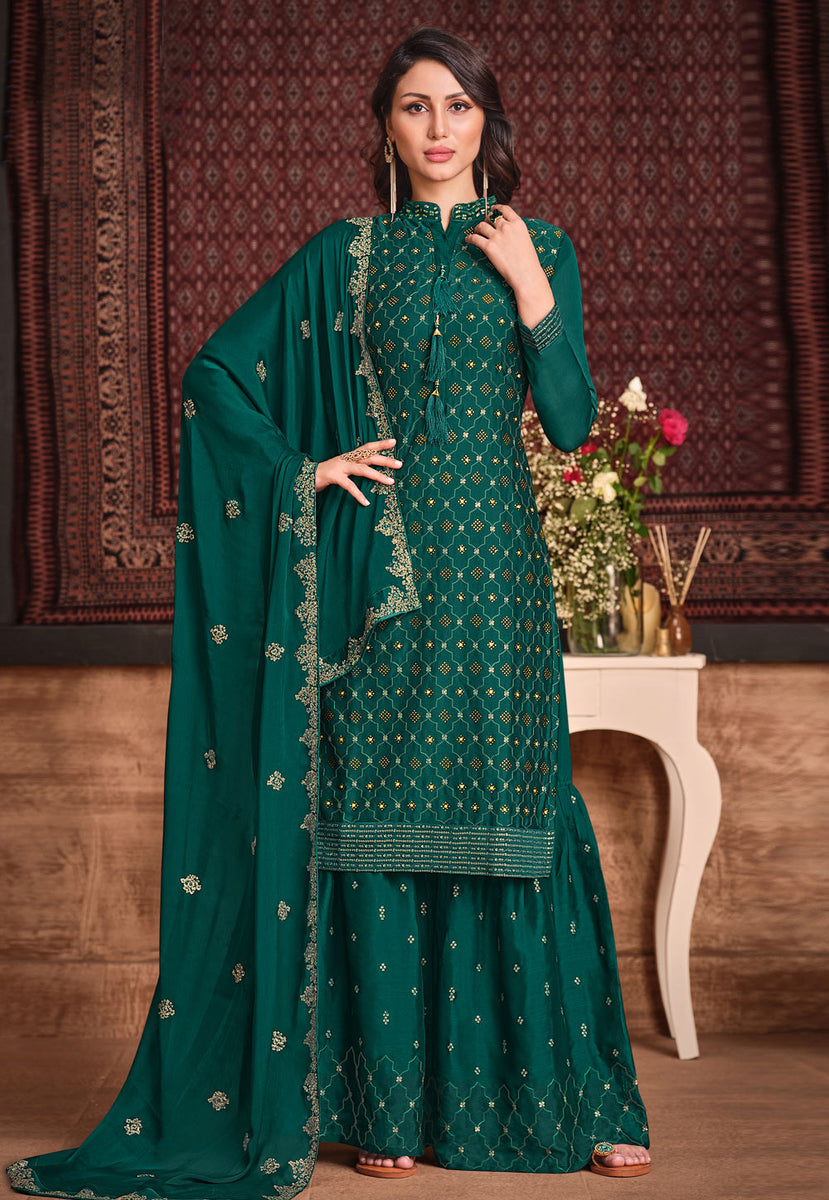 Buy Dark Green Sequence Embroidered Gharara Suit In USA, UK, Canada ...