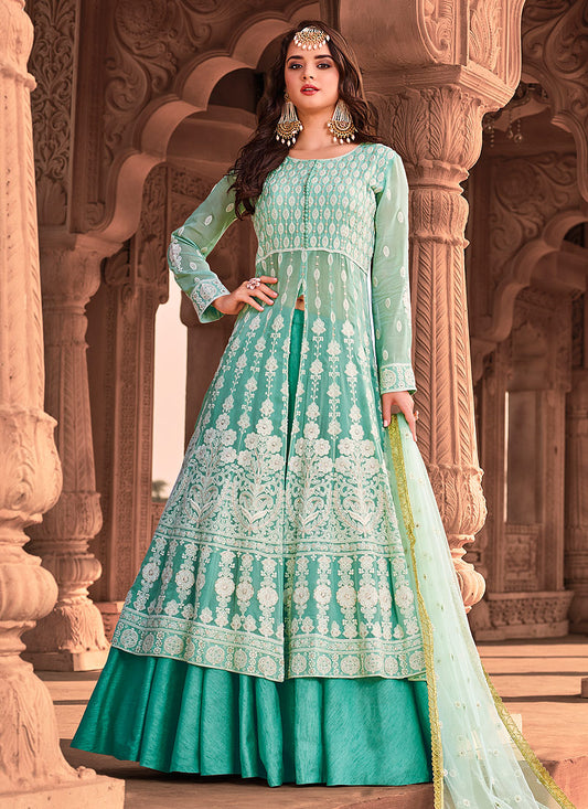 Aqua Blue Anarkali  Lehenga Suit 