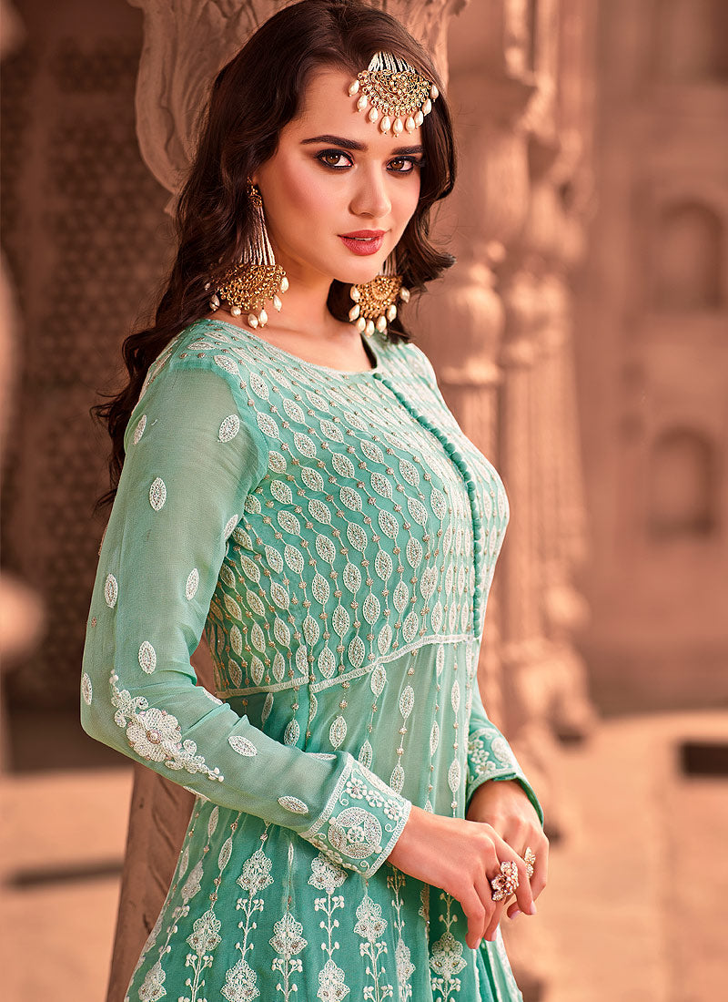 Indian Suits - Aqua Blue Lucknowi Lehenga Suit 