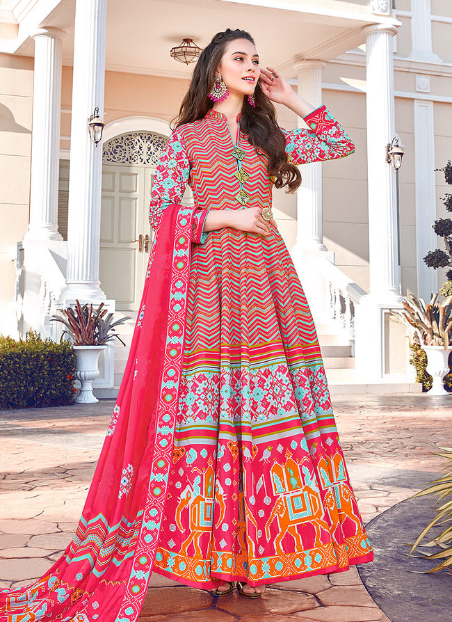 Semi-Stitched Brendy Rose Color Net Floor Length Anarkali Suit at Rs 2765  in Surat