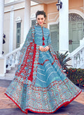 Blue Multi Colour Printed Cotton Silk Anarkali Suit