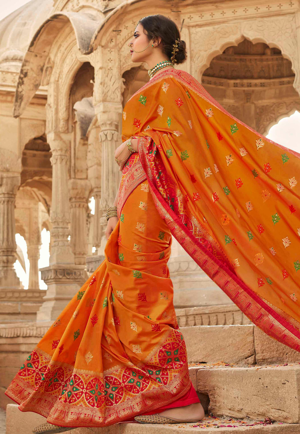 Yellow And Red Embroidered Wedding Saree