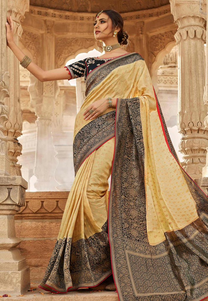 Beige And Black Embroidered Wedding Saree