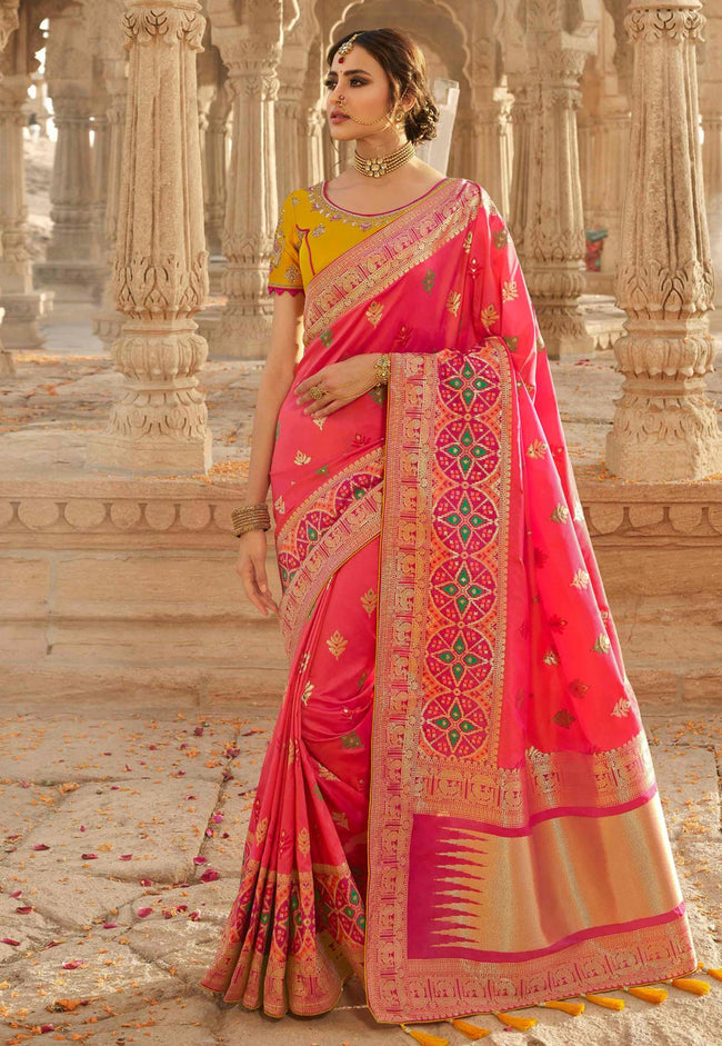 Yellow And Peach Embroidered Wedding Saree