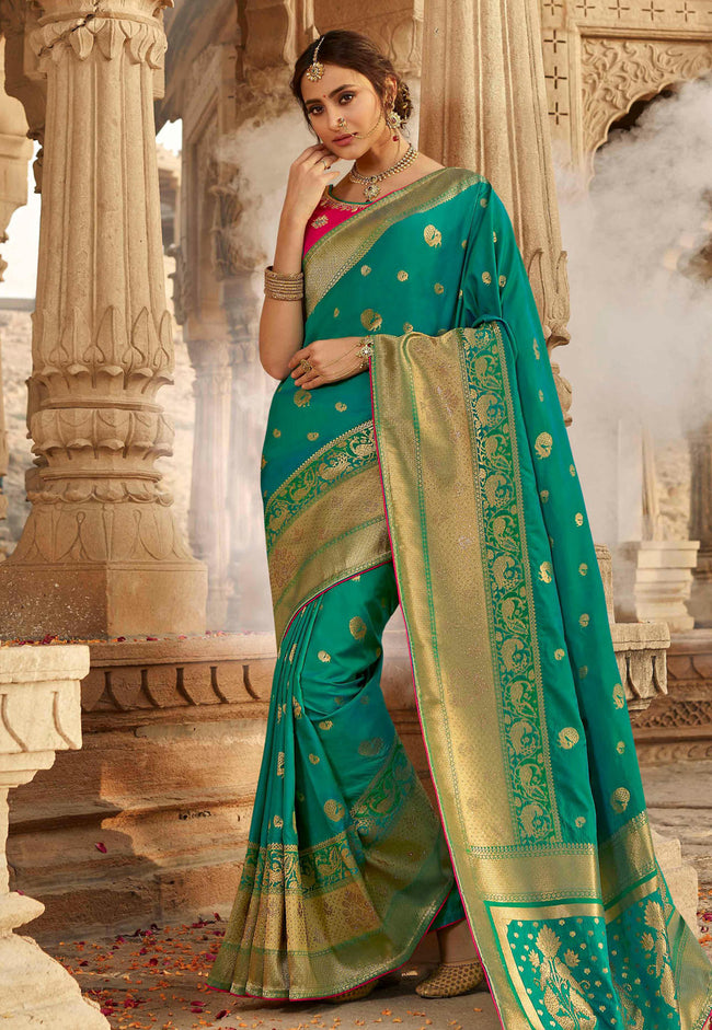Deep Green And Pink Embroidered Wedding Saree