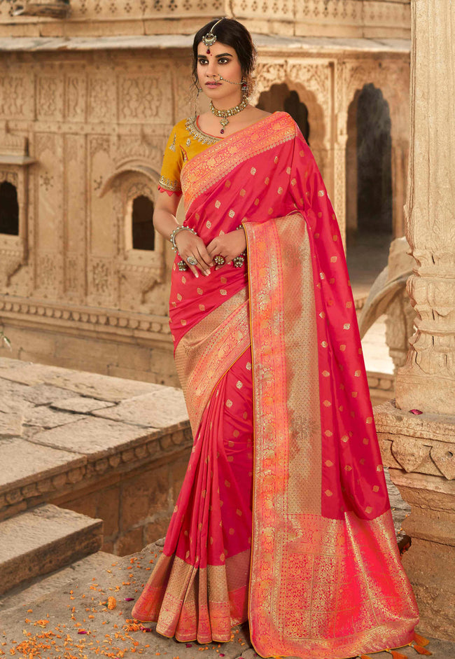 Pink And Yellow Embroidered Wedding Saree