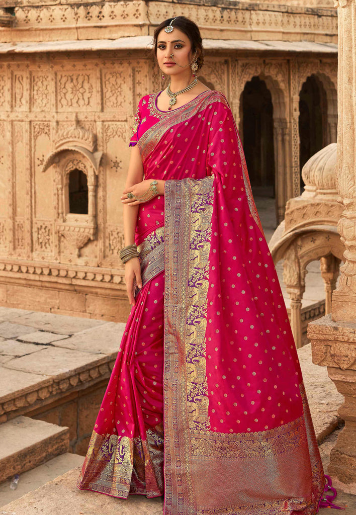 Pink Golden Embroidered Wedding Saree