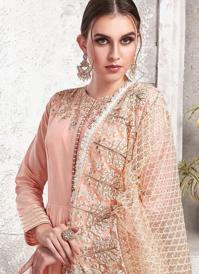 Peach Ethnic Embroidered Designer Anarkali Suit