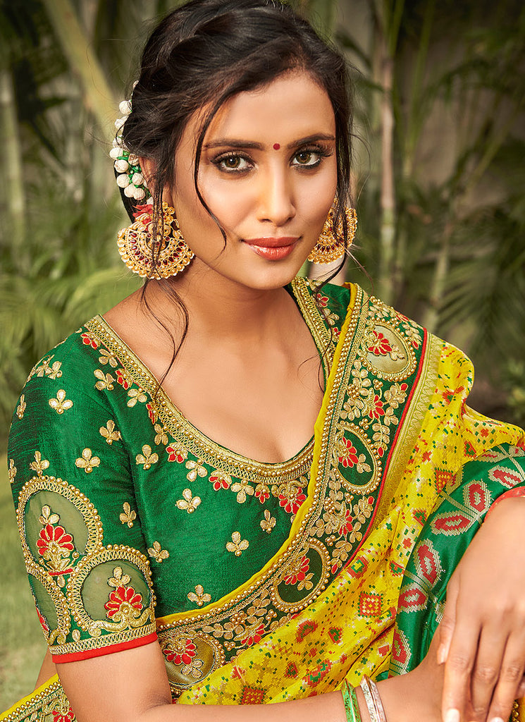 Indian Saree - Yellow And Green Silk Saree In usa uk canada