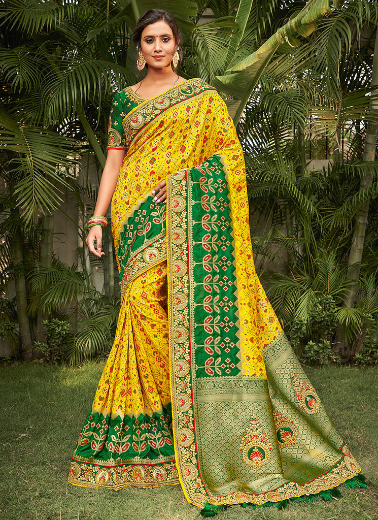 Yellow And Green Silk Saree