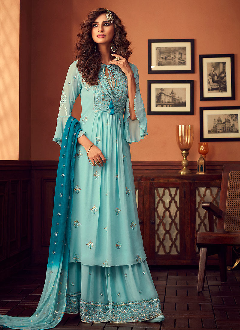 Sky Blue Designer Palazzo Suit