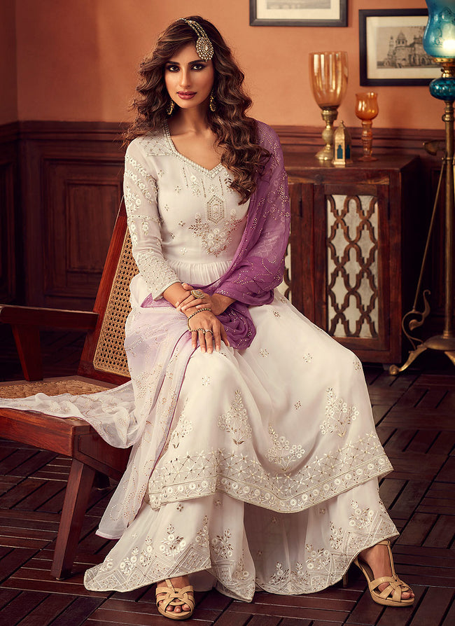 White And Purple Embroidered Designer Palazzo Suit, Salwar Kameez
