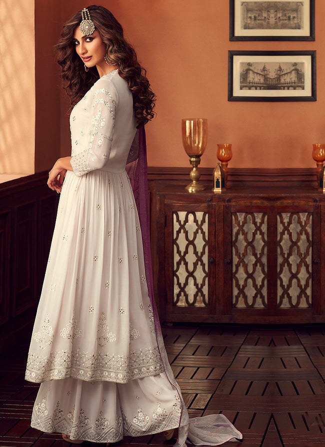 White And Purple Embroidered Designer Palazzo Suit