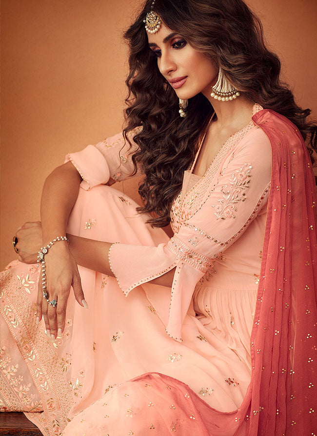 Peach Golden Embroidered Designer Palazzo Suit