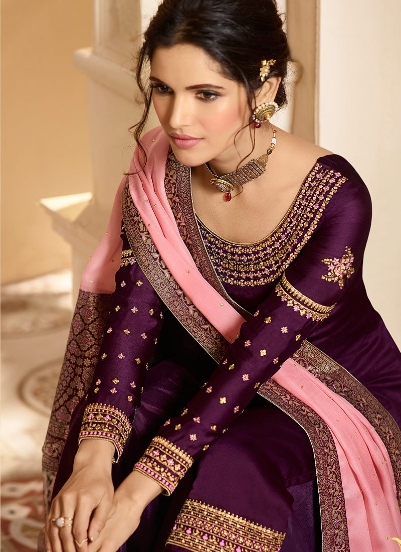 Deep Purple And Pink Palazzo Pant Suit