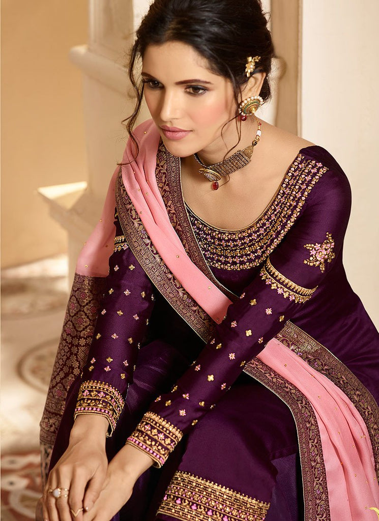 Deep Purple And Pink Palazzo Pant Suit