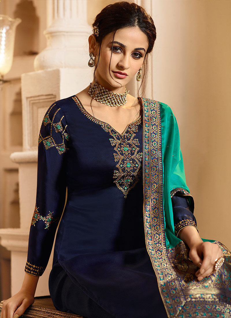 Blue And Turquoise Palazzo Pant Suit