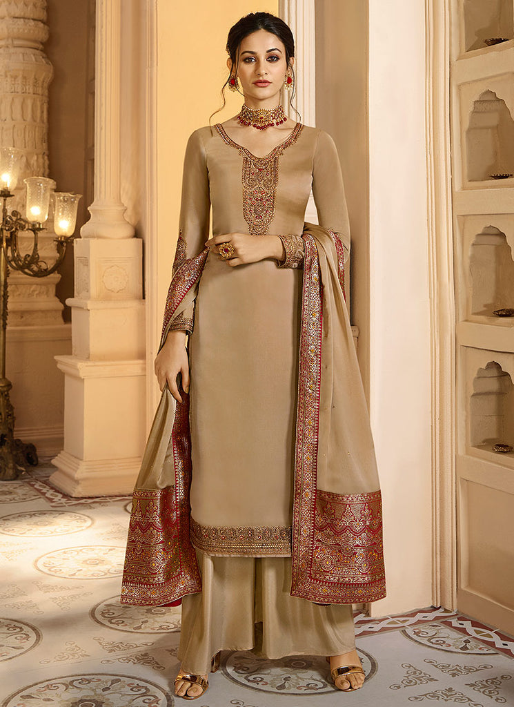 Light Brown And Red Palazzo Pant Suit