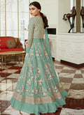 Indian Clothes - Blue Golden Embroidered Net Anarkali Lehenga Suit