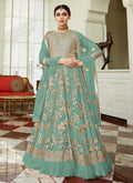 Blue Golden Embroidered Net Anarkali Lehenga Suit, Salwar Kameez