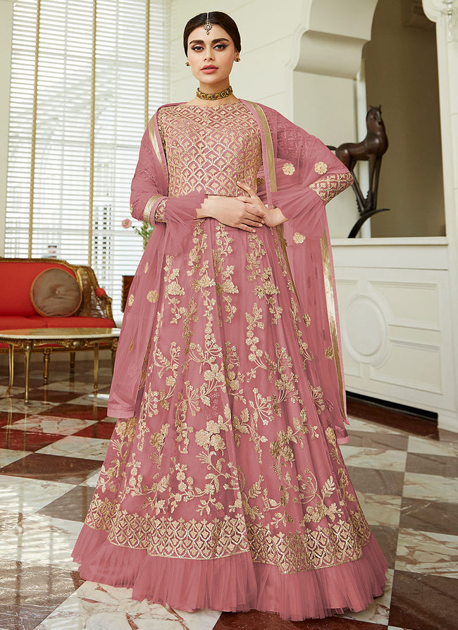 Indian Clothes - Dark Pink Golden Embroidered Net Anarkali Lehenga Suit