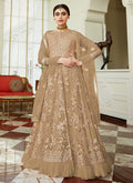 Indian Clothes - Beige Golden Embroidered Net Anarkali Lehenga Suit