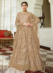 Indian Clothes - Beige Golden Embroidered Net Anarkali Lehenga Suit