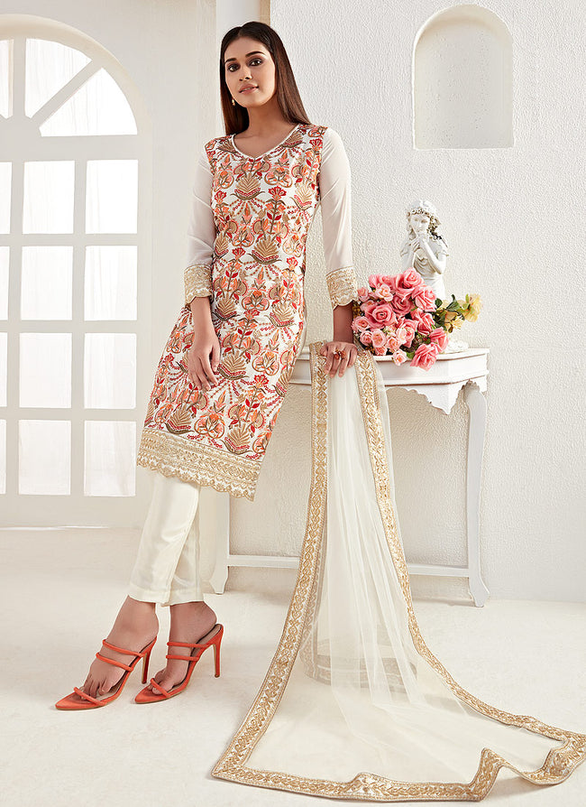 Indian Suits - Off White Multi Embroidered Pants Style Suit