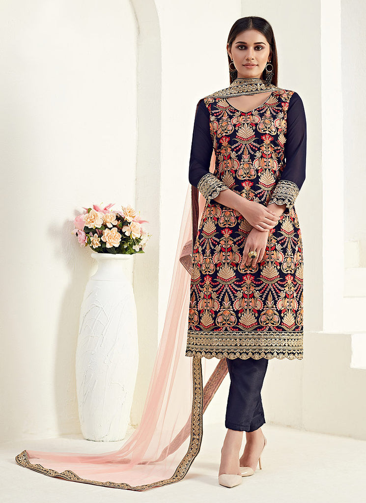 Indian Suits - Navy Blue Multi Pants Style Suit